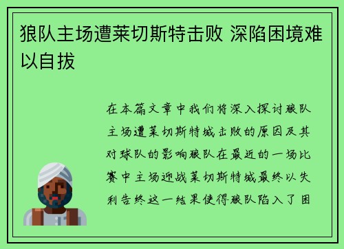 狼队主场遭莱切斯特击败 深陷困境难以自拔
