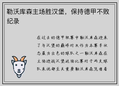 勒沃库森主场胜汉堡，保持德甲不败纪录