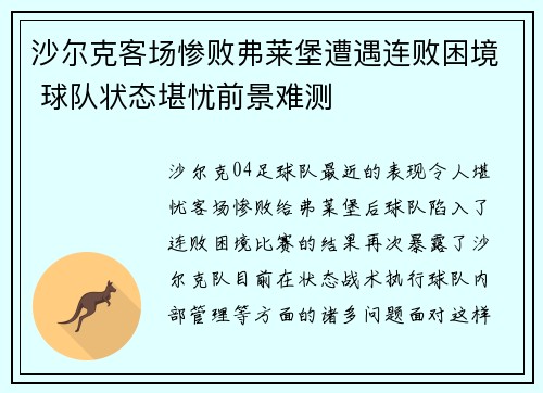 沙尔克客场惨败弗莱堡遭遇连败困境 球队状态堪忧前景难测