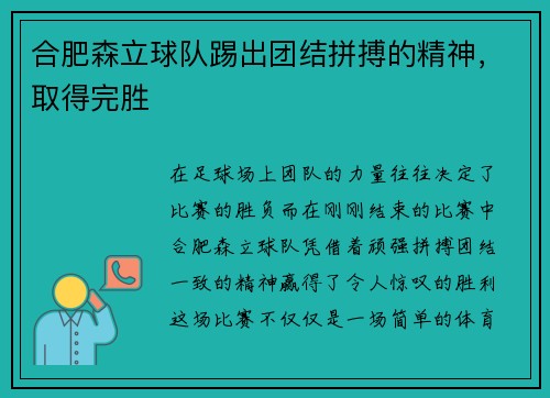 合肥森立球队踢出团结拼搏的精神，取得完胜