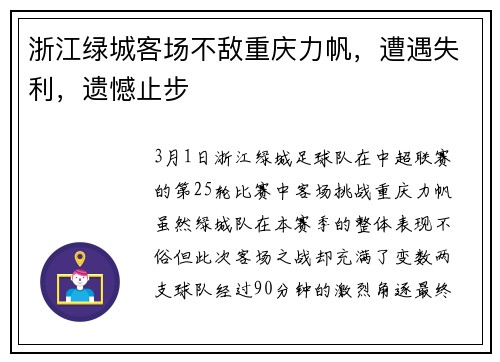浙江绿城客场不敌重庆力帆，遭遇失利，遗憾止步