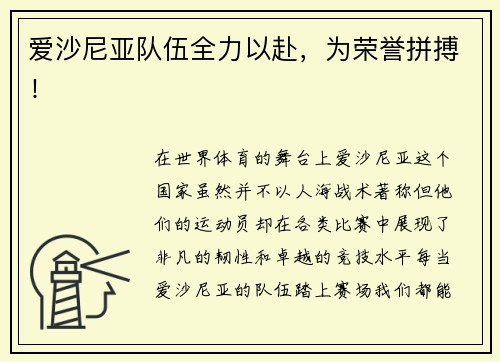 爱沙尼亚队伍全力以赴，为荣誉拼搏！