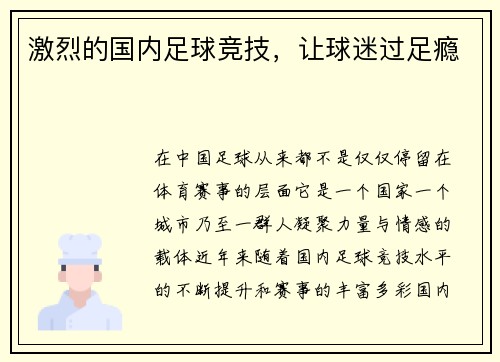 激烈的国内足球竞技，让球迷过足瘾