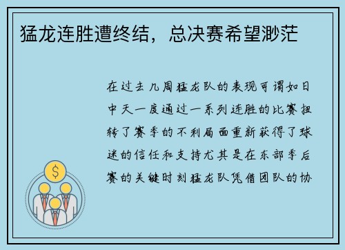 猛龙连胜遭终结，总决赛希望渺茫