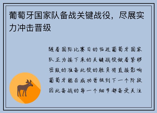 葡萄牙国家队备战关键战役，尽展实力冲击晋级