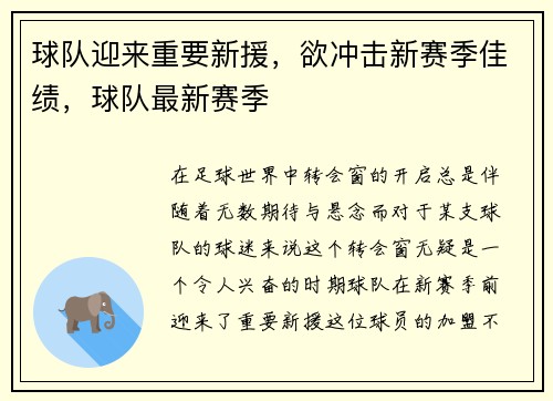 球队迎来重要新援，欲冲击新赛季佳绩，球队最新赛季