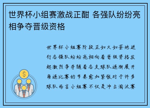 世界杯小组赛激战正酣 各强队纷纷亮相争夺晋级资格
