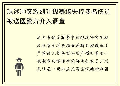 球迷冲突激烈升级赛场失控多名伤员被送医警方介入调查