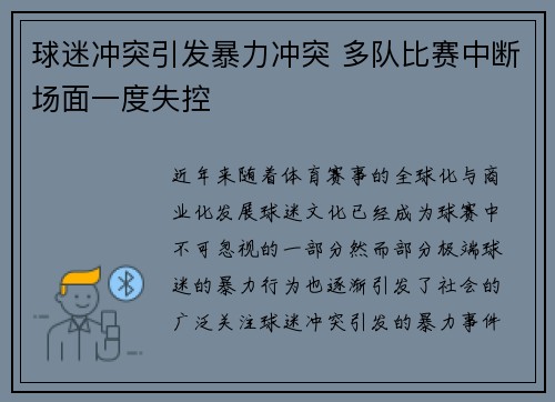 球迷冲突引发暴力冲突 多队比赛中断场面一度失控